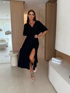 Deep V-neck wrap midi dress detail of crinkle fabric