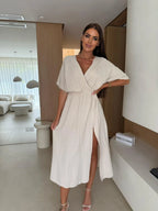 Deep V-neck wrap midi dress in beige