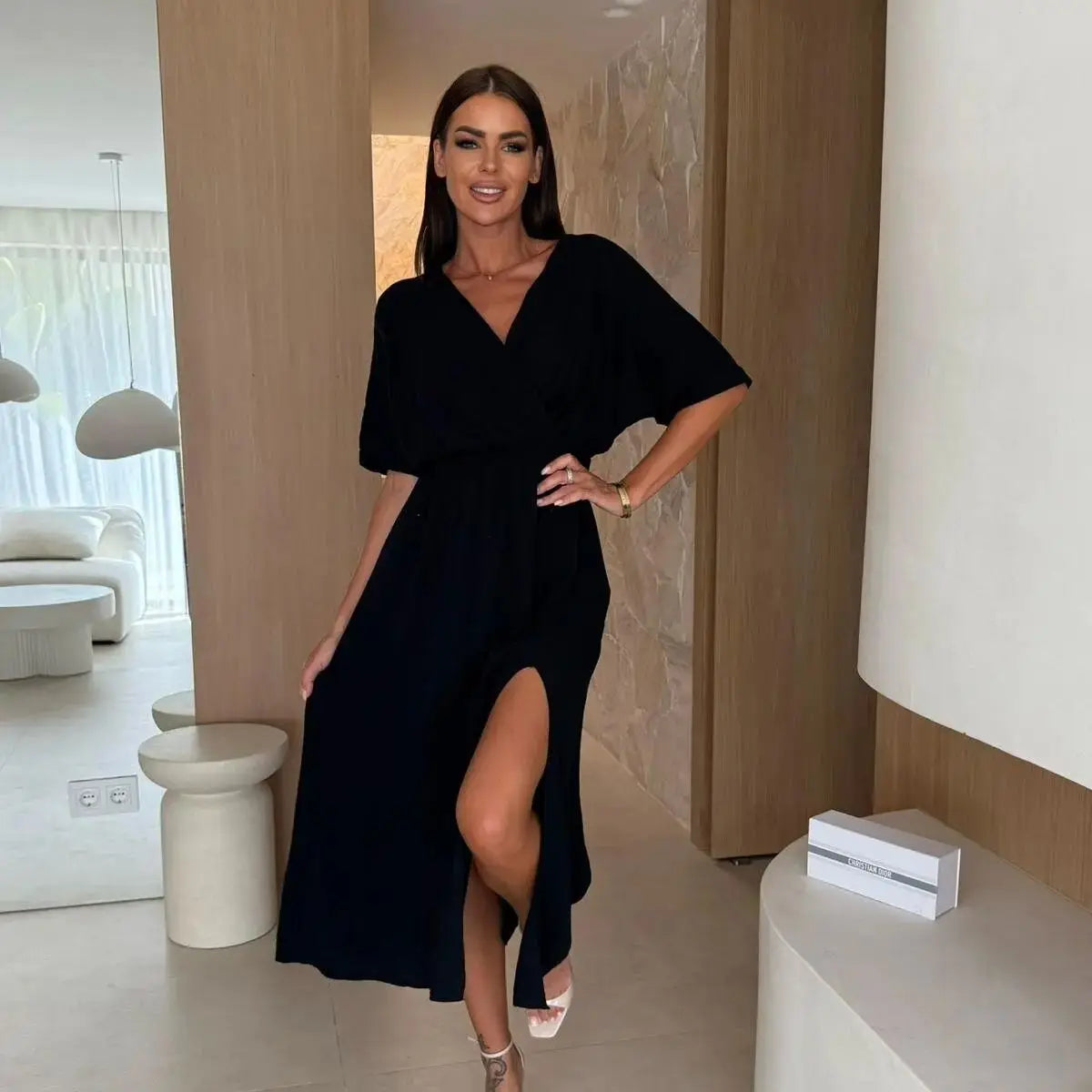 Deep V-neck wrap midi dress in black