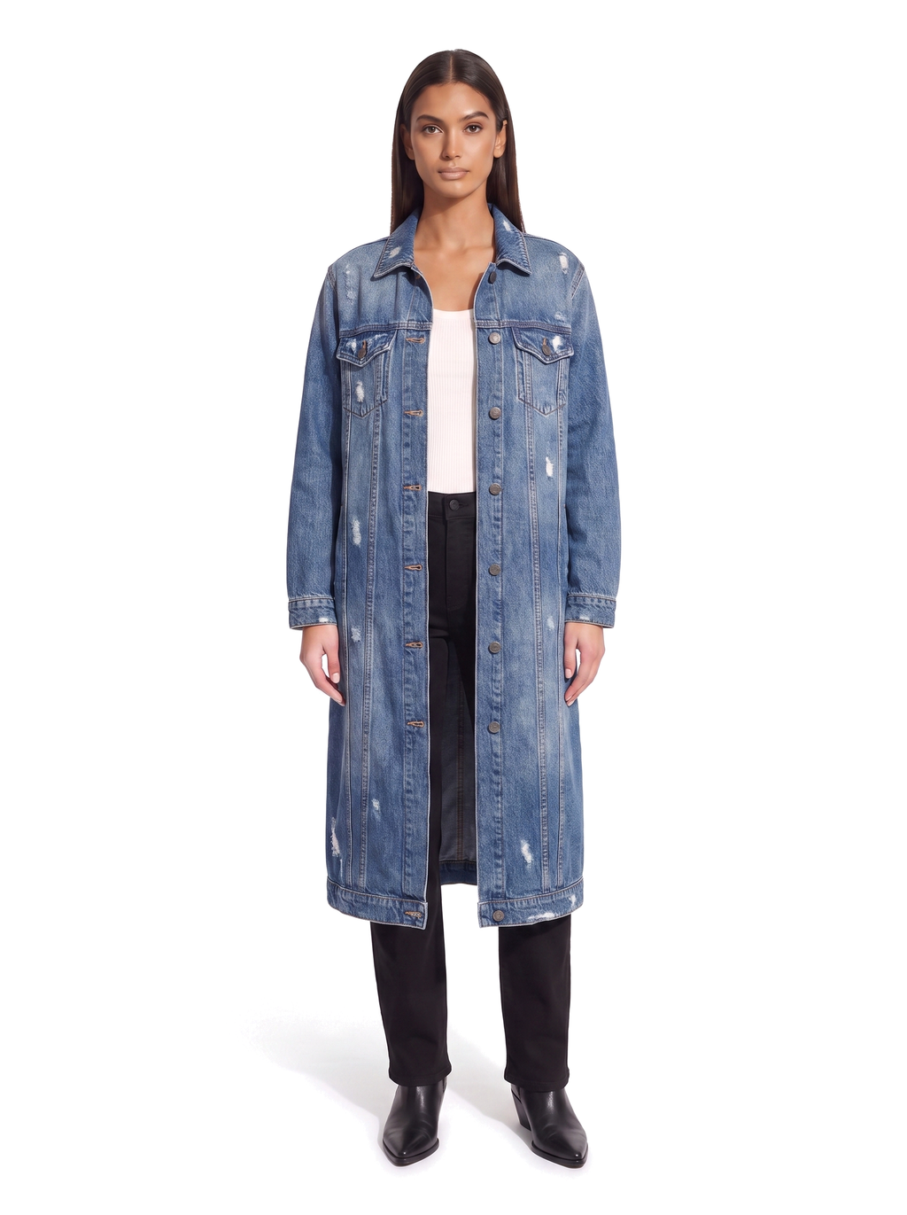 Long distressed denim duster coat, front view