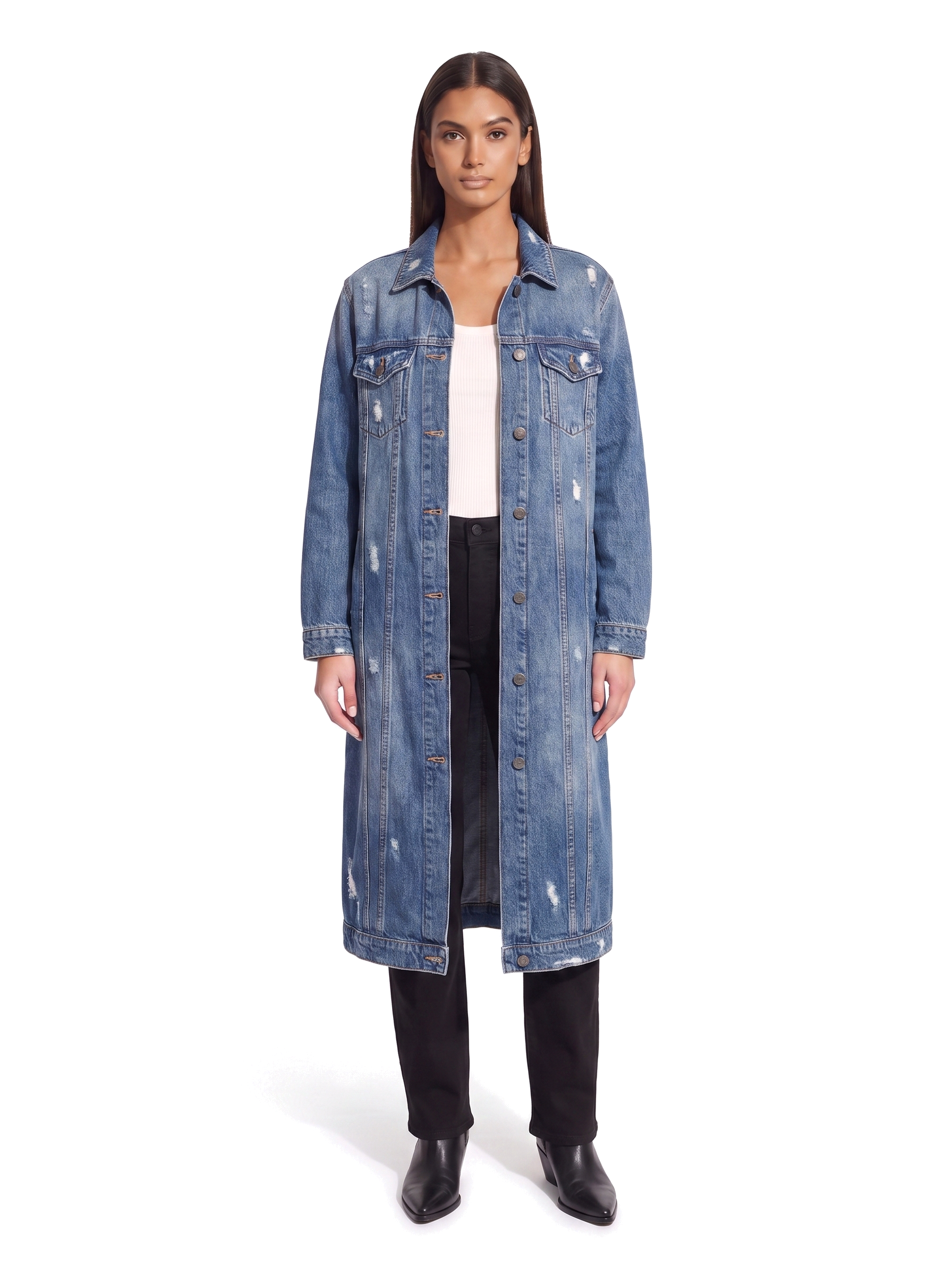 Long distressed denim duster coat, front view