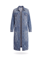 Denim duster coat shown on a plain background