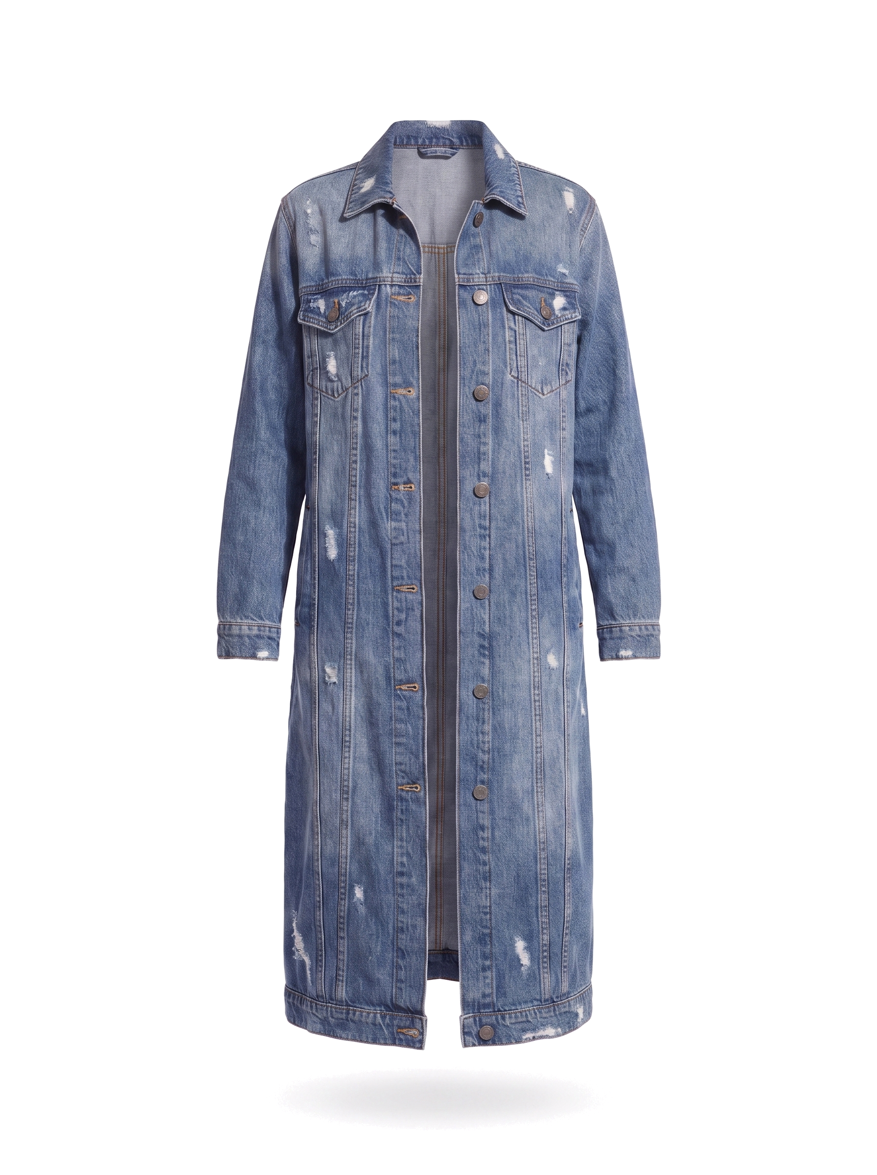 Denim duster coat shown on a plain background