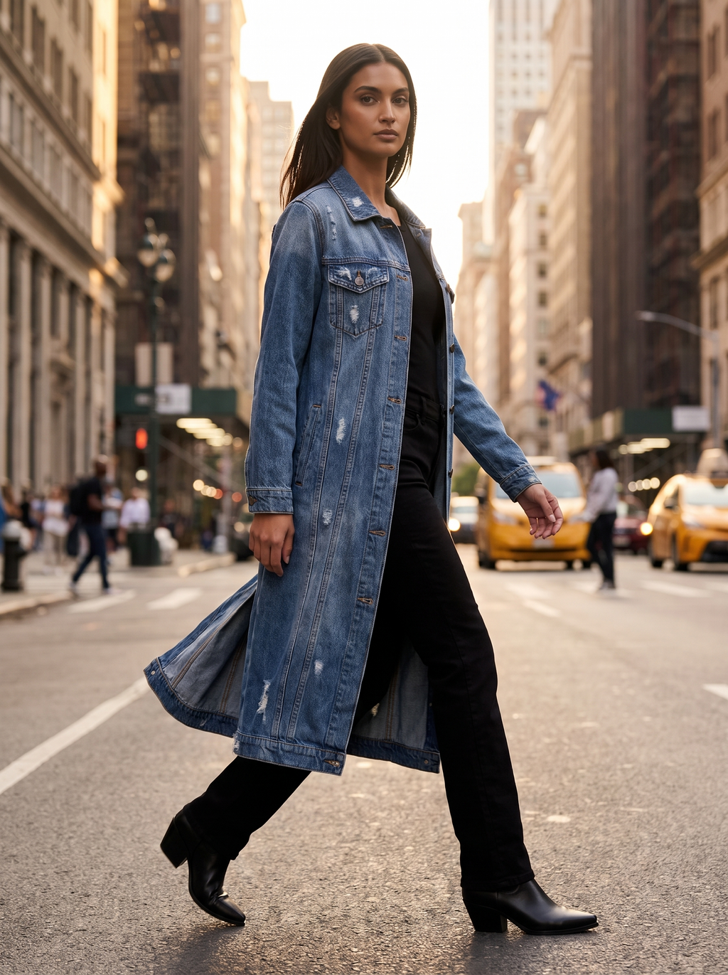 Denim duster coat worn open over a casual outfit