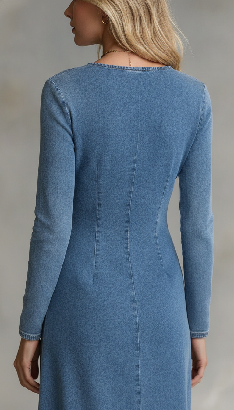 Back detail of denim maxi dress