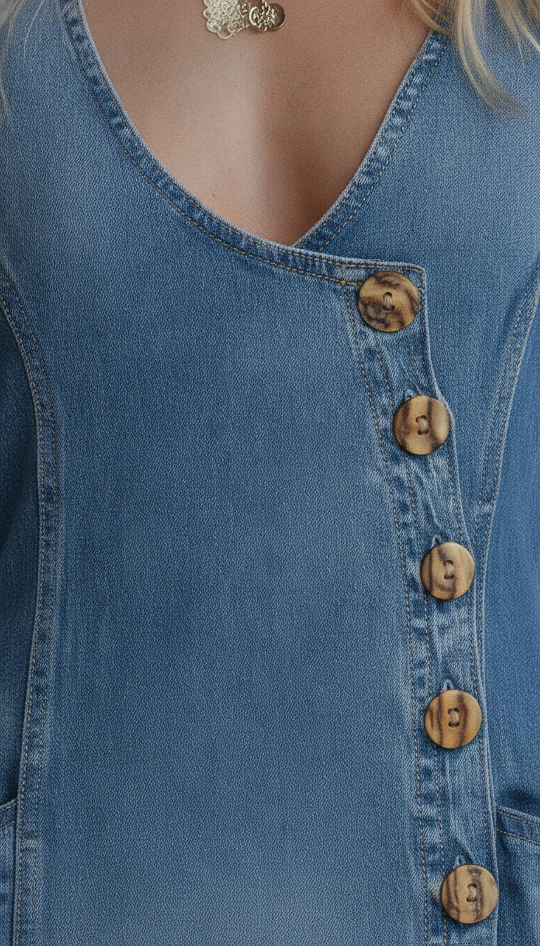Close up of denim fabric and neckline detail