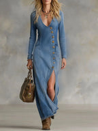 Blue denim maxi dress with deep V-neck and high slit, front view