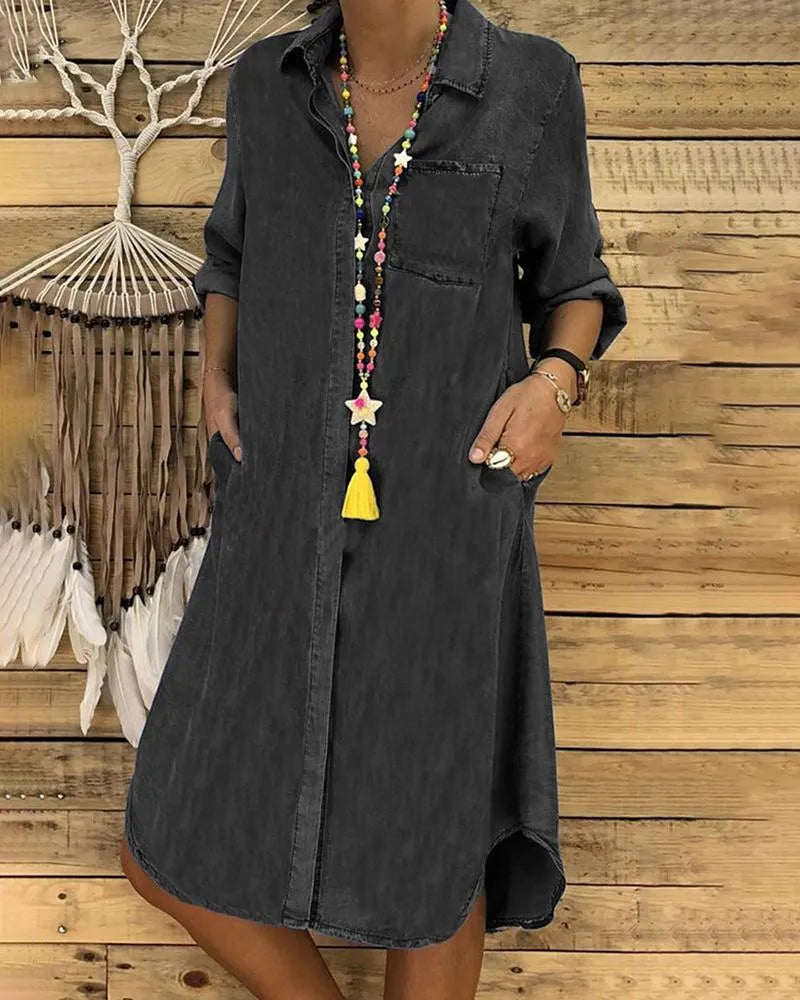 Black denim shirt dress, full length view