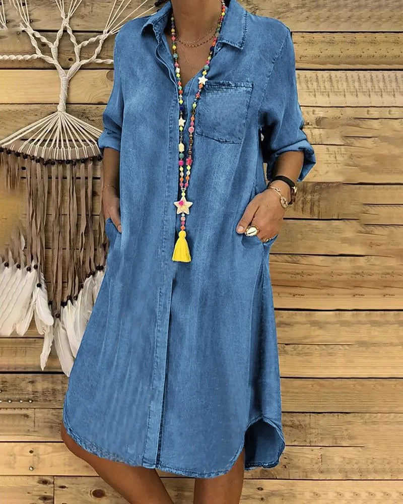 Blue denim shirt dress with pockets, front view