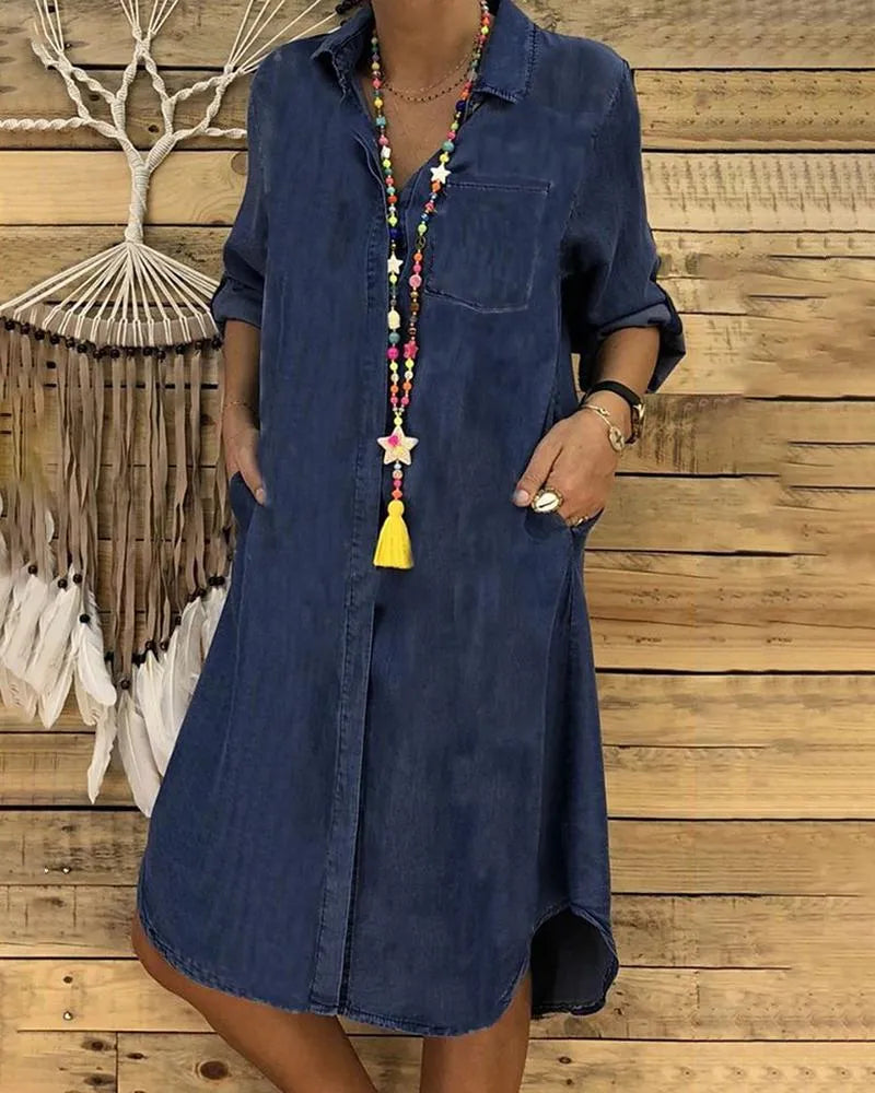 Navy denim shirt dress with side pockets, styled view