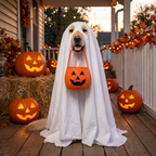 Dog wearing a white ghost costume cape on a Halloween porch