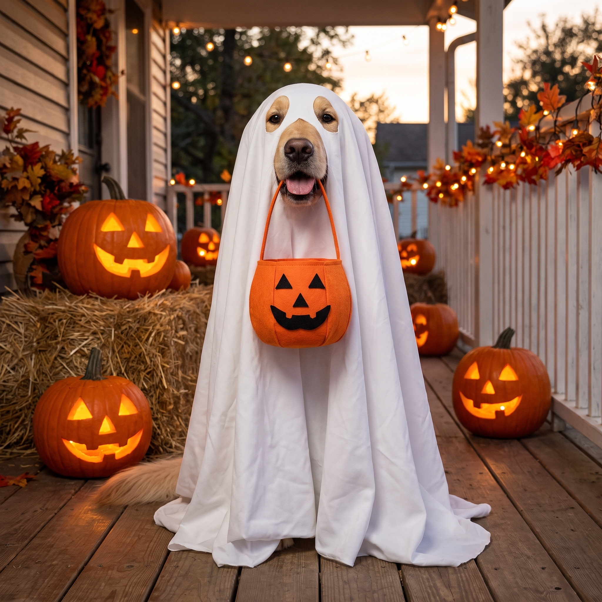 Dog wearing a white ghost costume cape on a Halloween porch