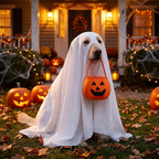 Dog wearing a white ghost costume in a Halloween yard