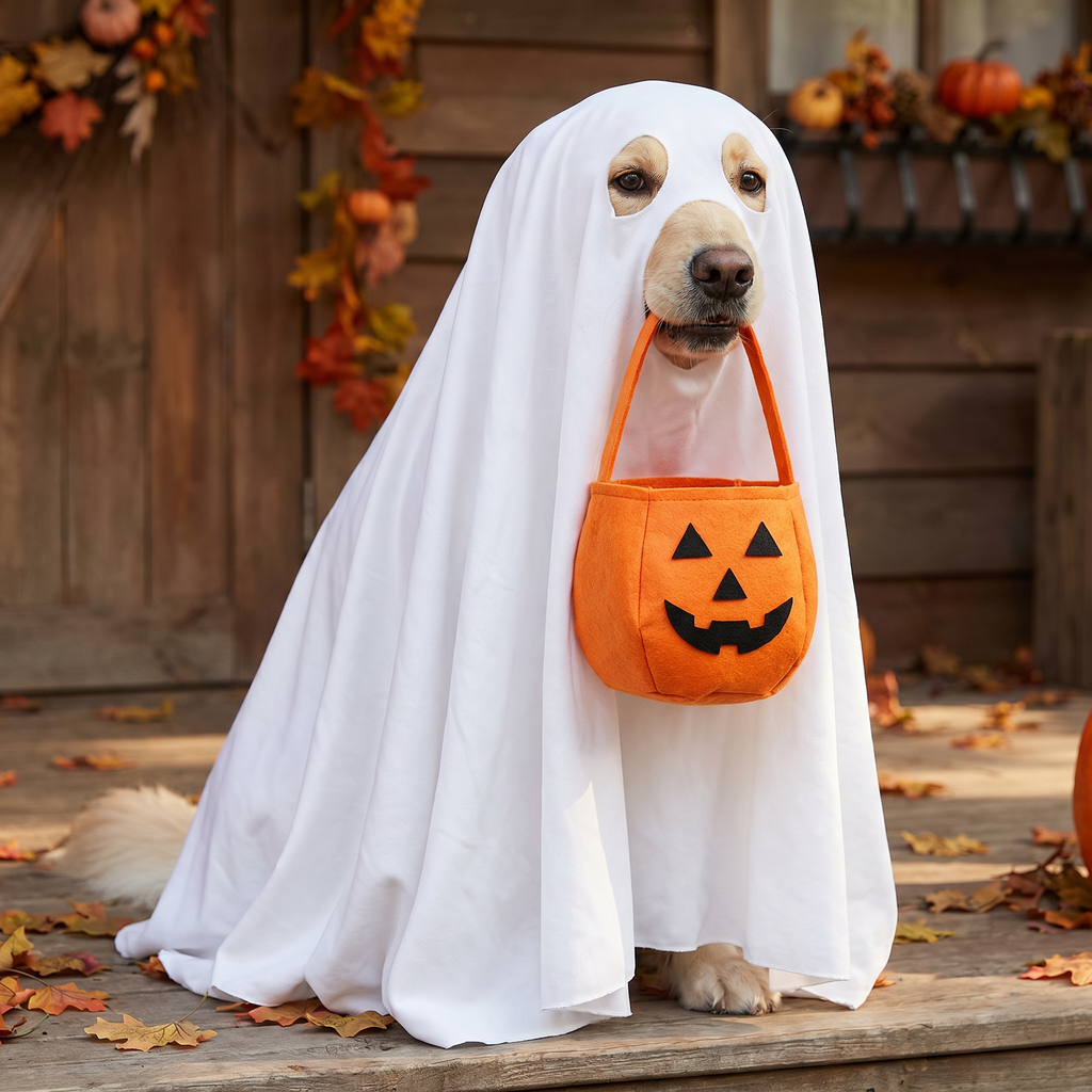 Close-up of the ghost dog costume and felt pumpkin treat bag
