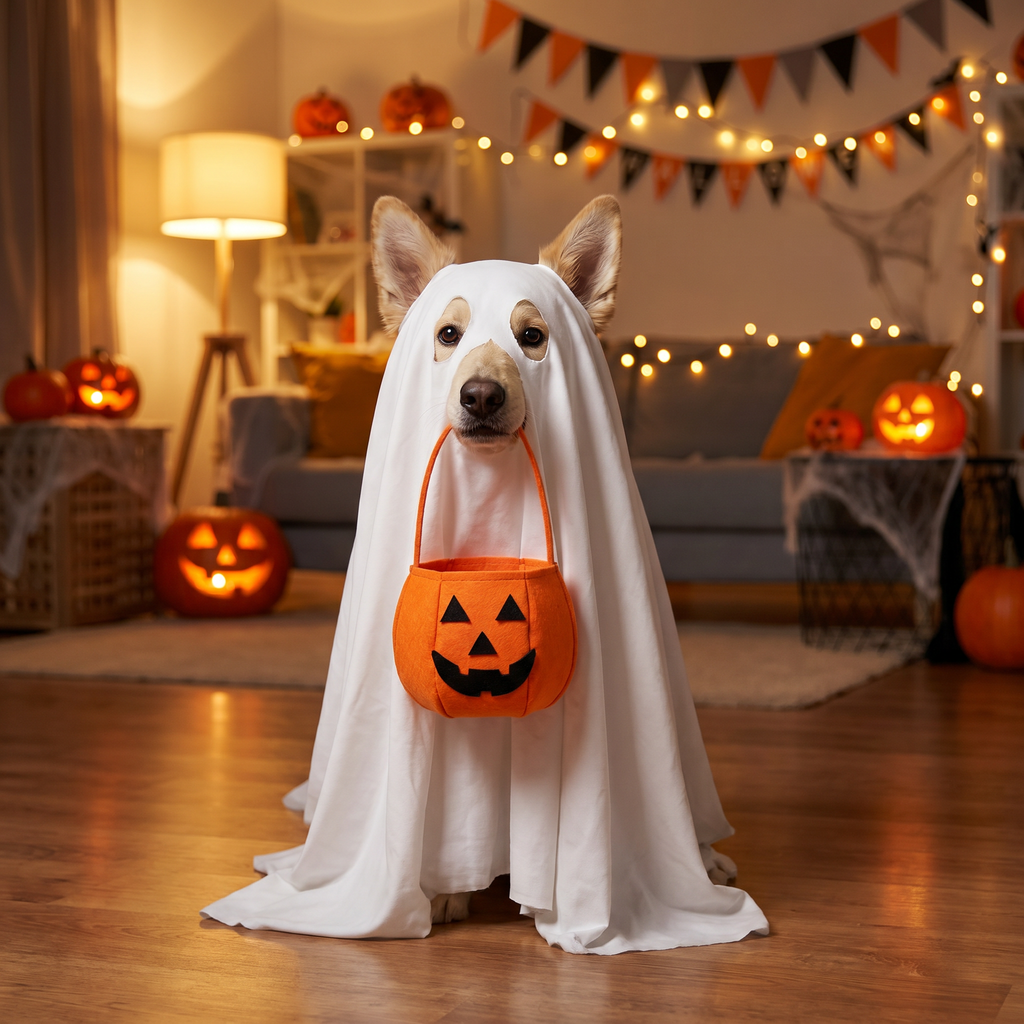 Dog in a ghost costume at a Halloween party