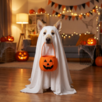 Dog in a ghost costume at a Halloween party
