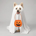 White ghost dog costume with pumpkin bag shown on a dog