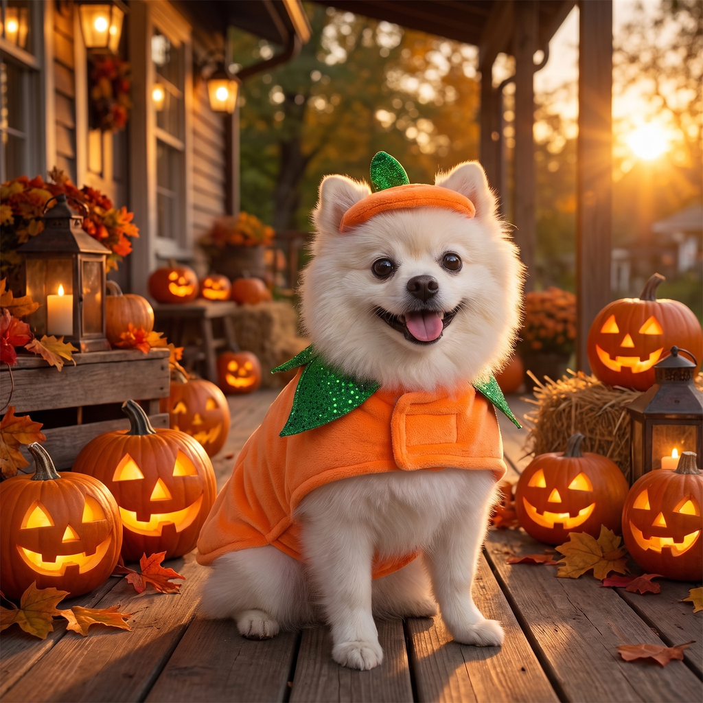 Dog wearing a fleece pumpkin cape and hat on a Halloween porch