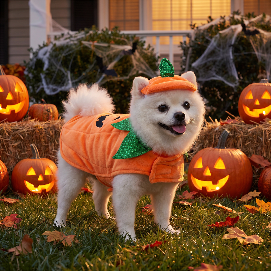 Dog wearing a fleece pumpkin cape and hat in a Halloween yard