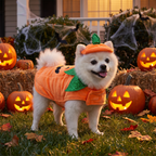 Dog wearing a fleece pumpkin cape and hat in a Halloween yard