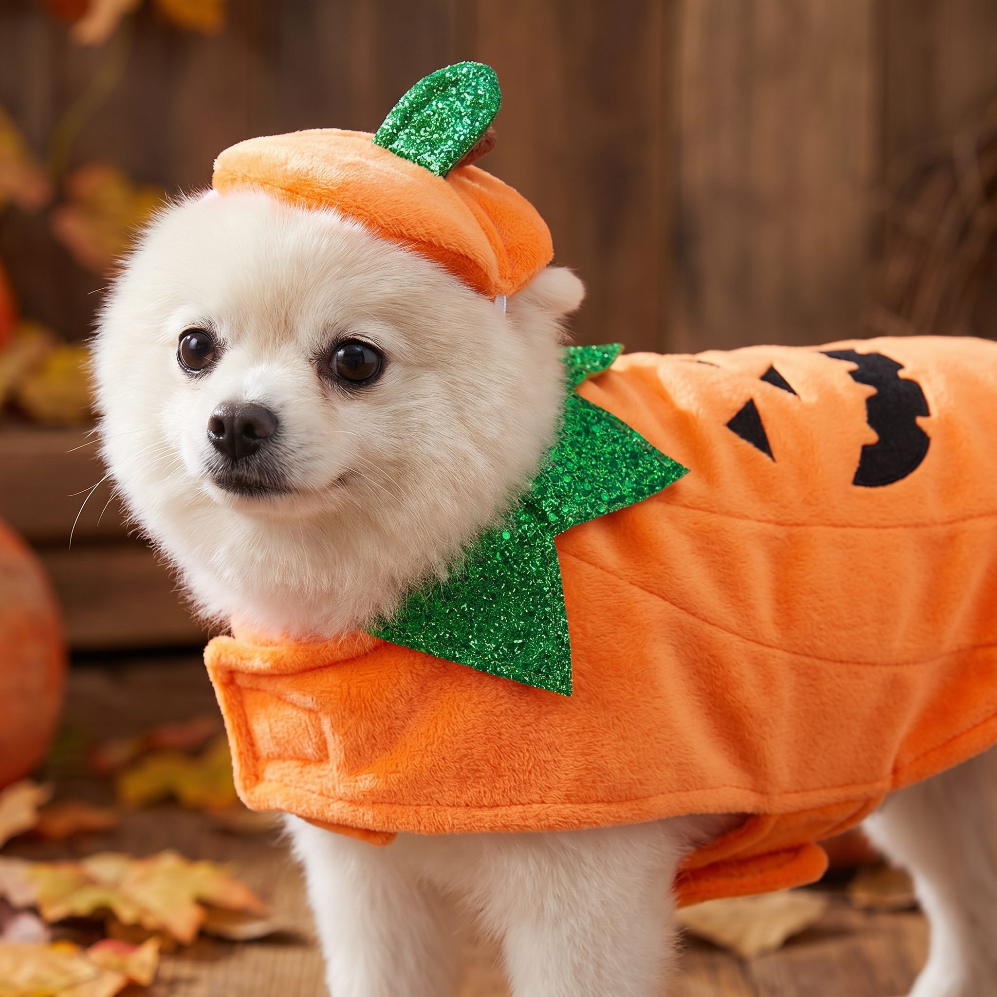Close-up of the fleece pumpkin cape and hat dog costume