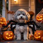 Dog wearing a black spider legs costume on a Halloween porch
