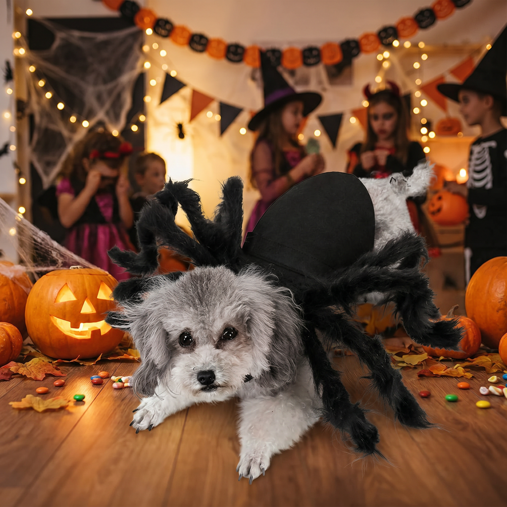 Dog in a spider costume at a Halloween party