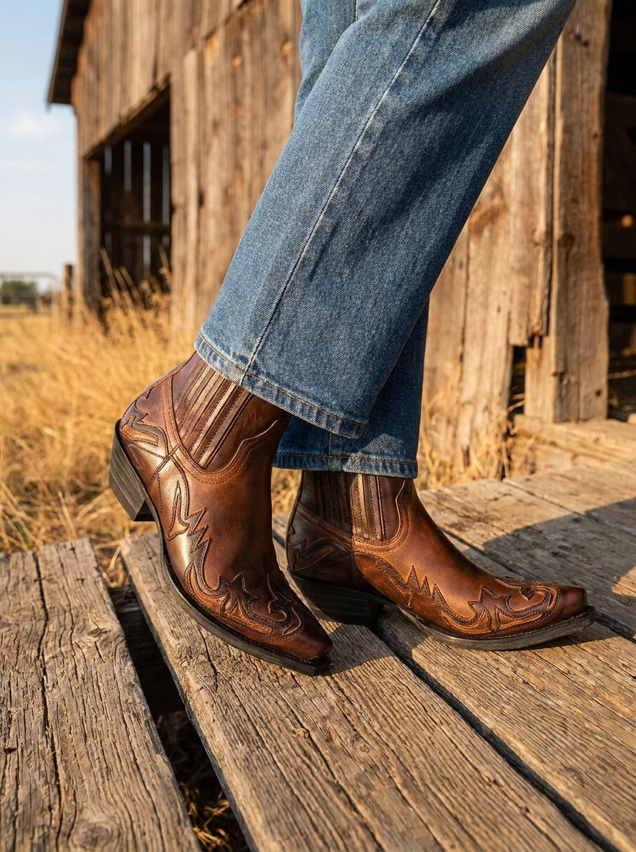 Embroidered western ankle boots worn outdoors on weathered wooden boards in warm afternoon light