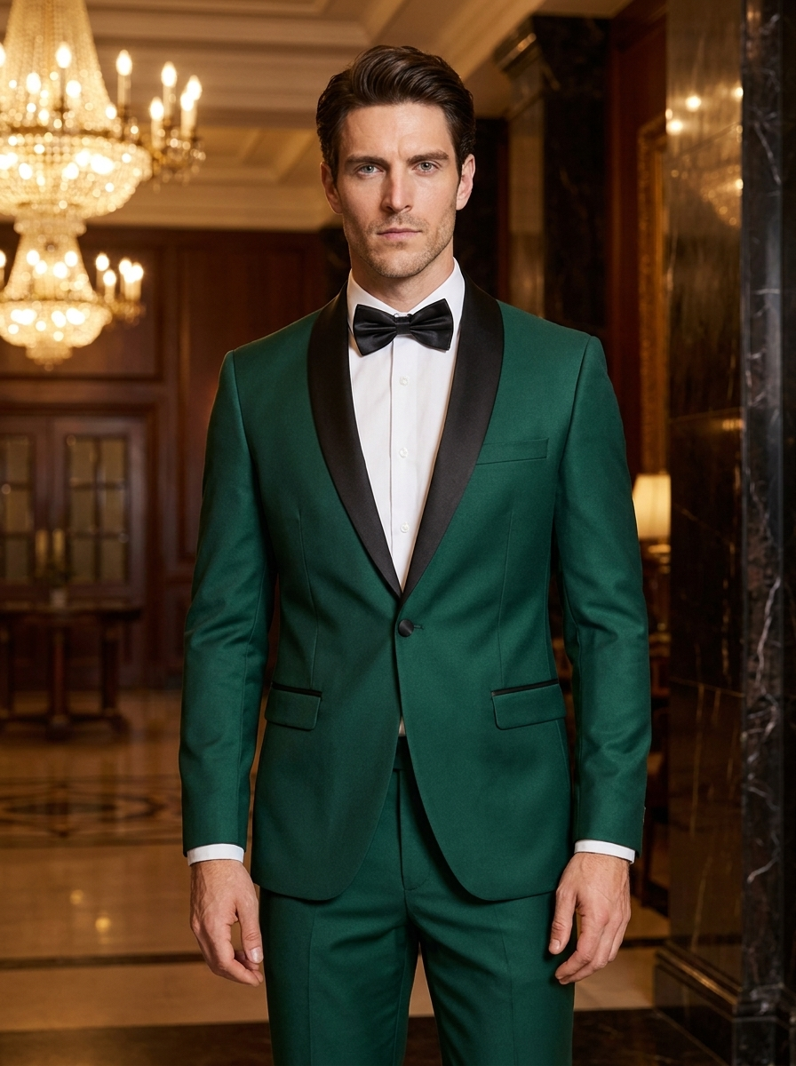 Man wearing the emerald green two-piece suit with black satin lapel at an evening venue