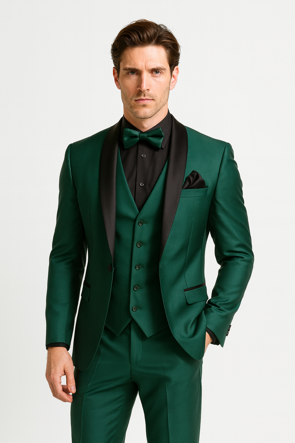 Emerald green men's suit with black satin lapel, front view