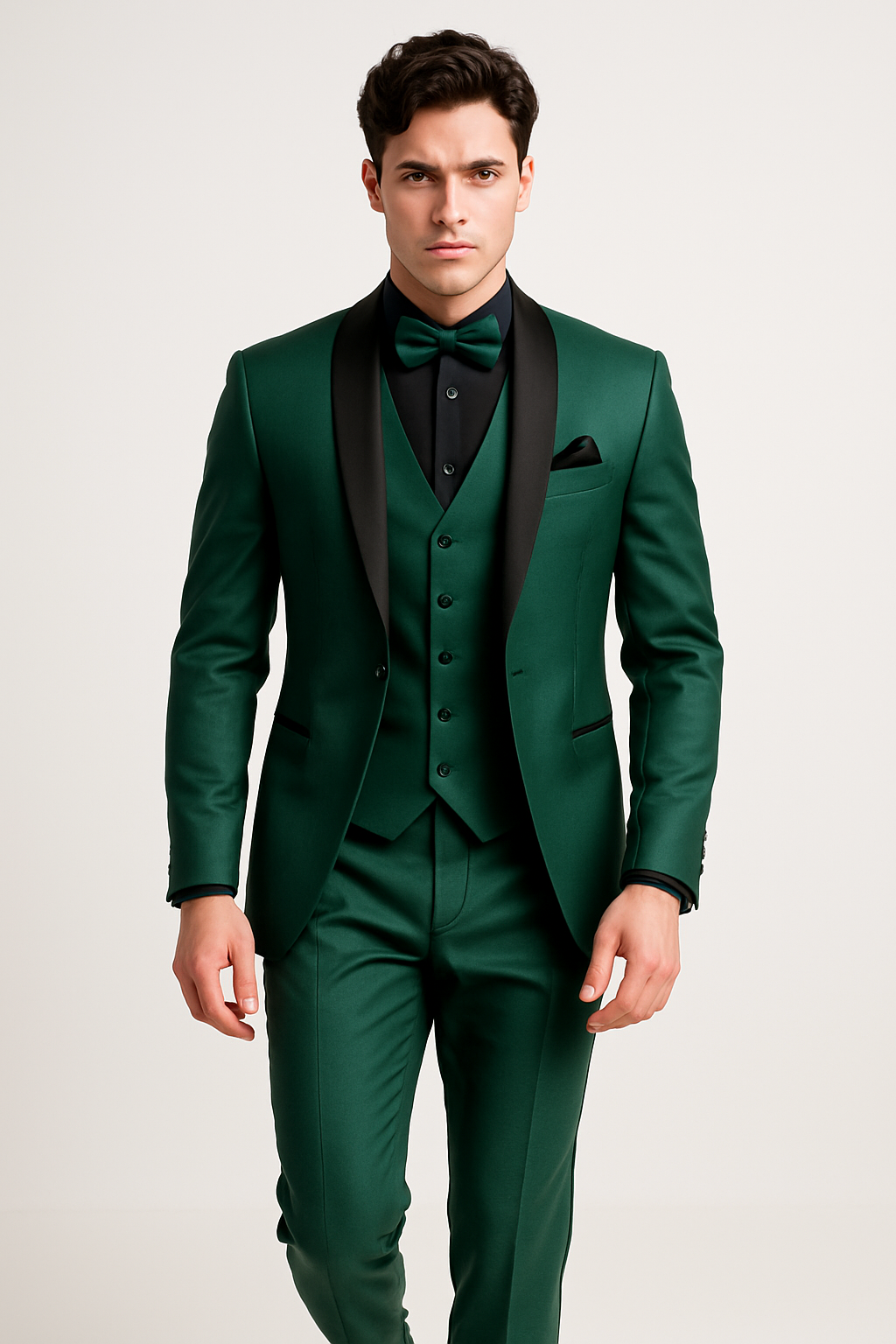 Side view of the emerald green satin lapel suit jacket