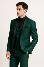 Emerald green suit jacket worn with matching trousers