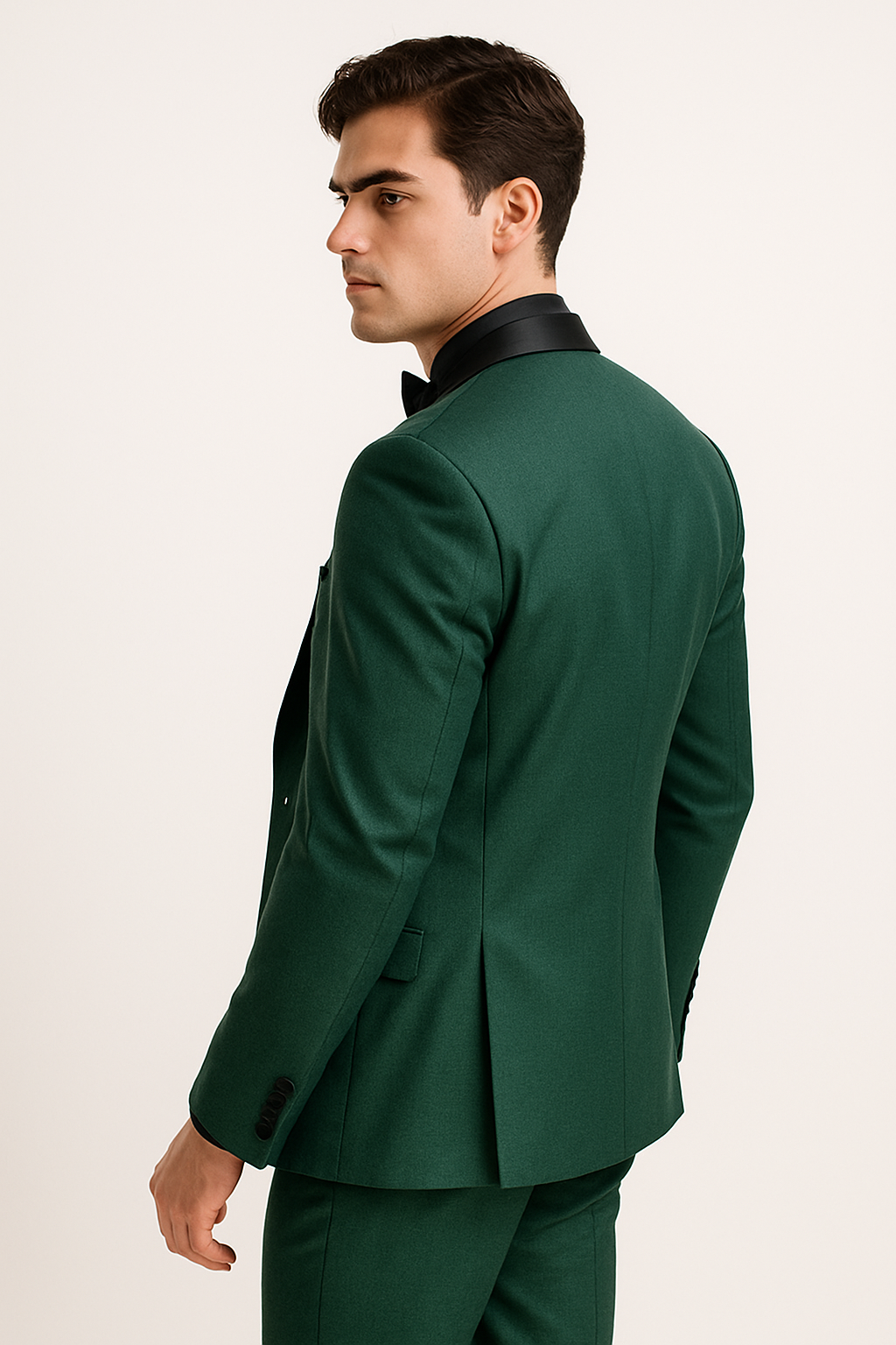 Emerald green suit styled with a white dress shirt