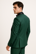 Emerald green suit styled with a white dress shirt