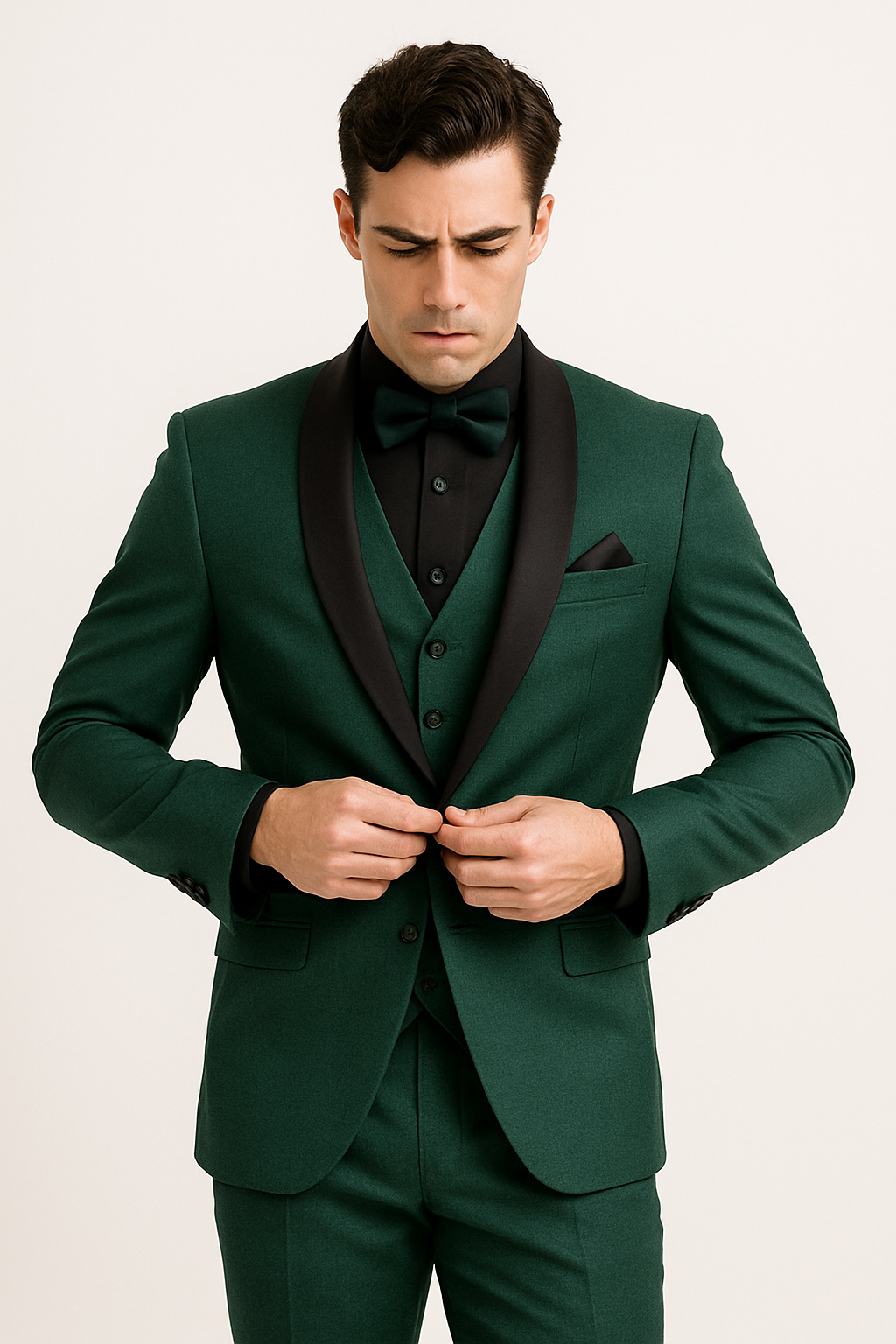 Full length view of the emerald green satin lapel suit