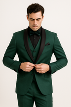 Full length view of the emerald green satin lapel suit
