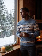 Model wearing Fair Isle sweater indoors, lifestyle view