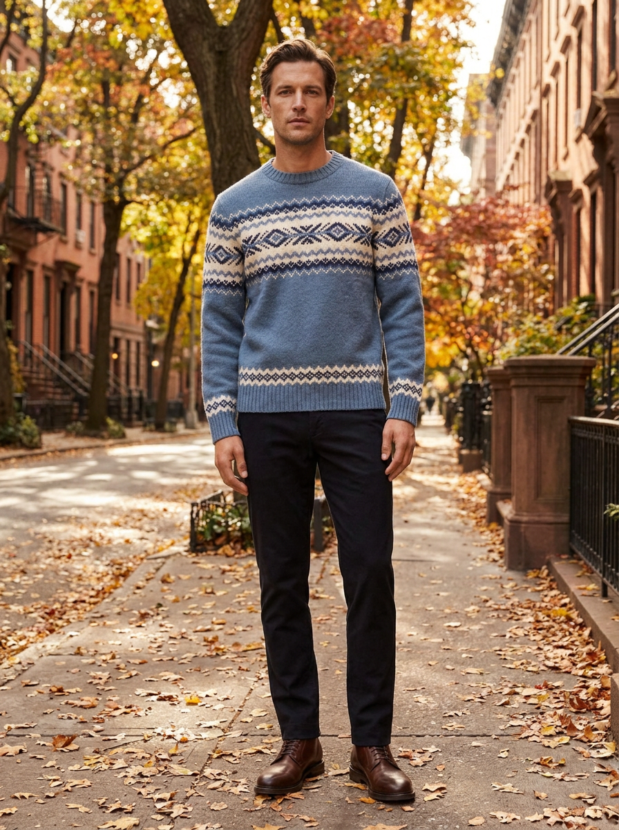 Man wearing the dusty blue Fair Isle crew neck sweater on an autumn city street