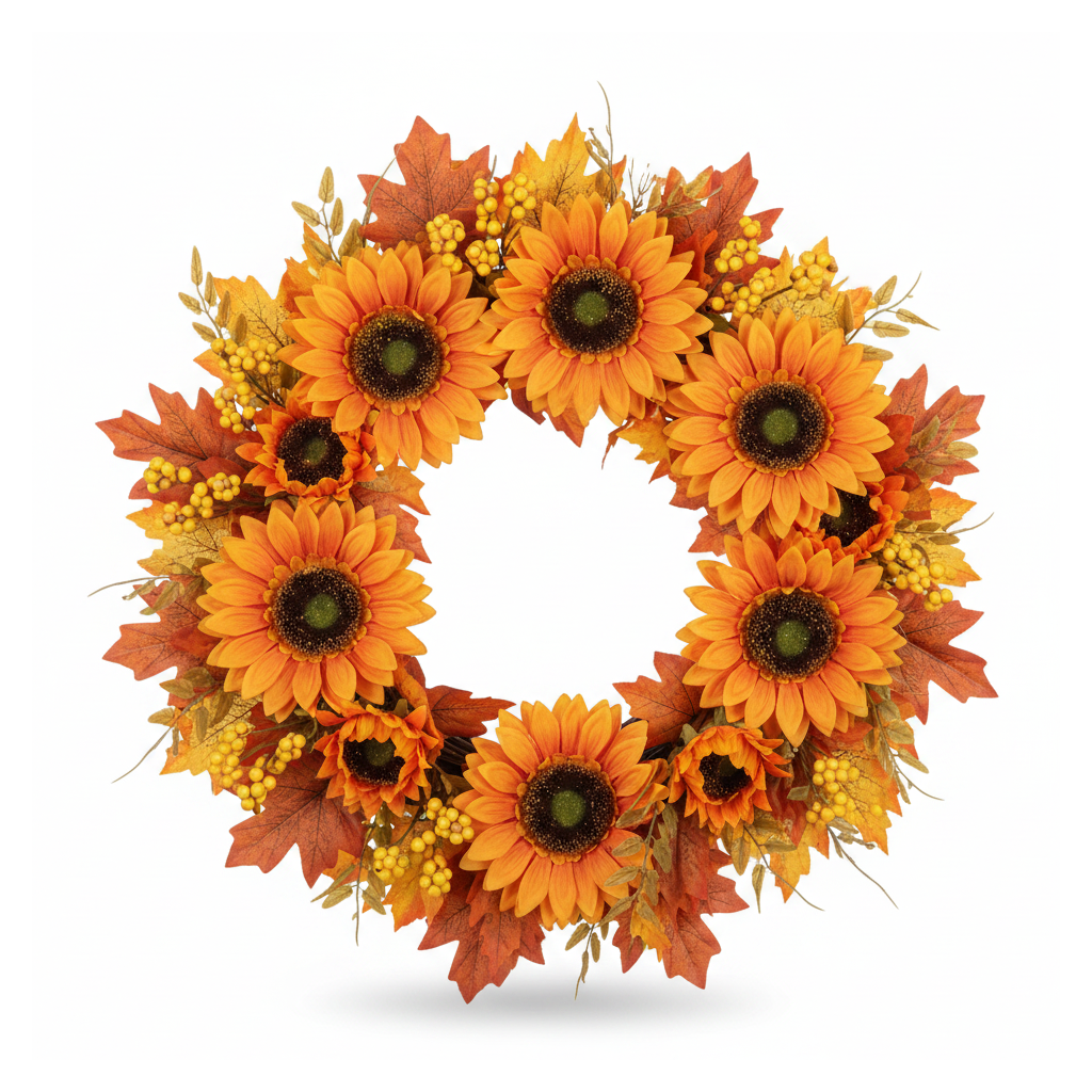 Fall sunflower wreath with berries and foliage on a white background