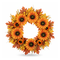 Fall sunflower wreath with berries and foliage on a white background