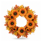 Fall sunflower wreath with berries and foliage on a white background