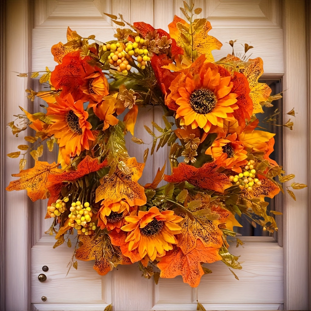 Artificial autumn sunflower wreath in orange, yellow and brown fall tones
