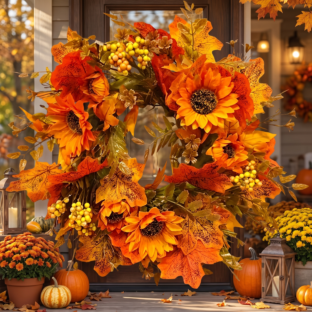 Sunflower fall wreath hung on a front door in warm autumn light
