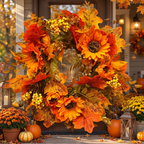 Sunflower fall wreath hung on a front door in warm autumn light