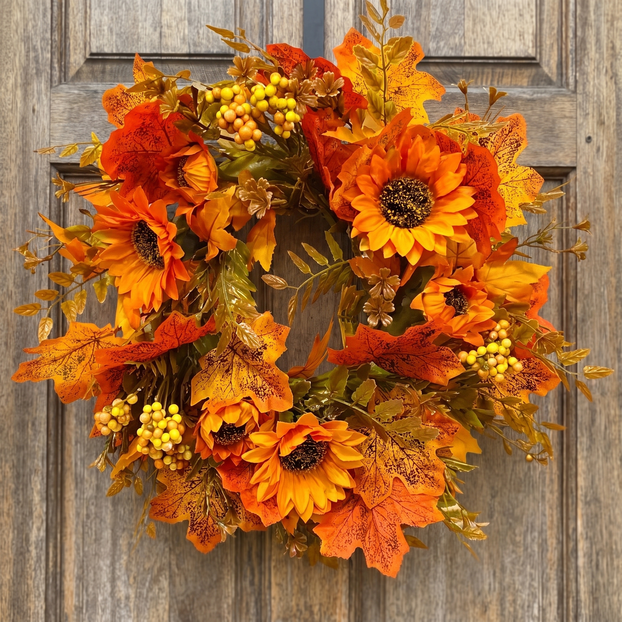 Close up of sunflower wreath blooms, berries and fall foliage
