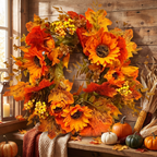Autumn sunflower wreath on a rustic wall with seasonal fall decor