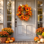 Fall sunflower wreath on a front door with mums and pumpkins