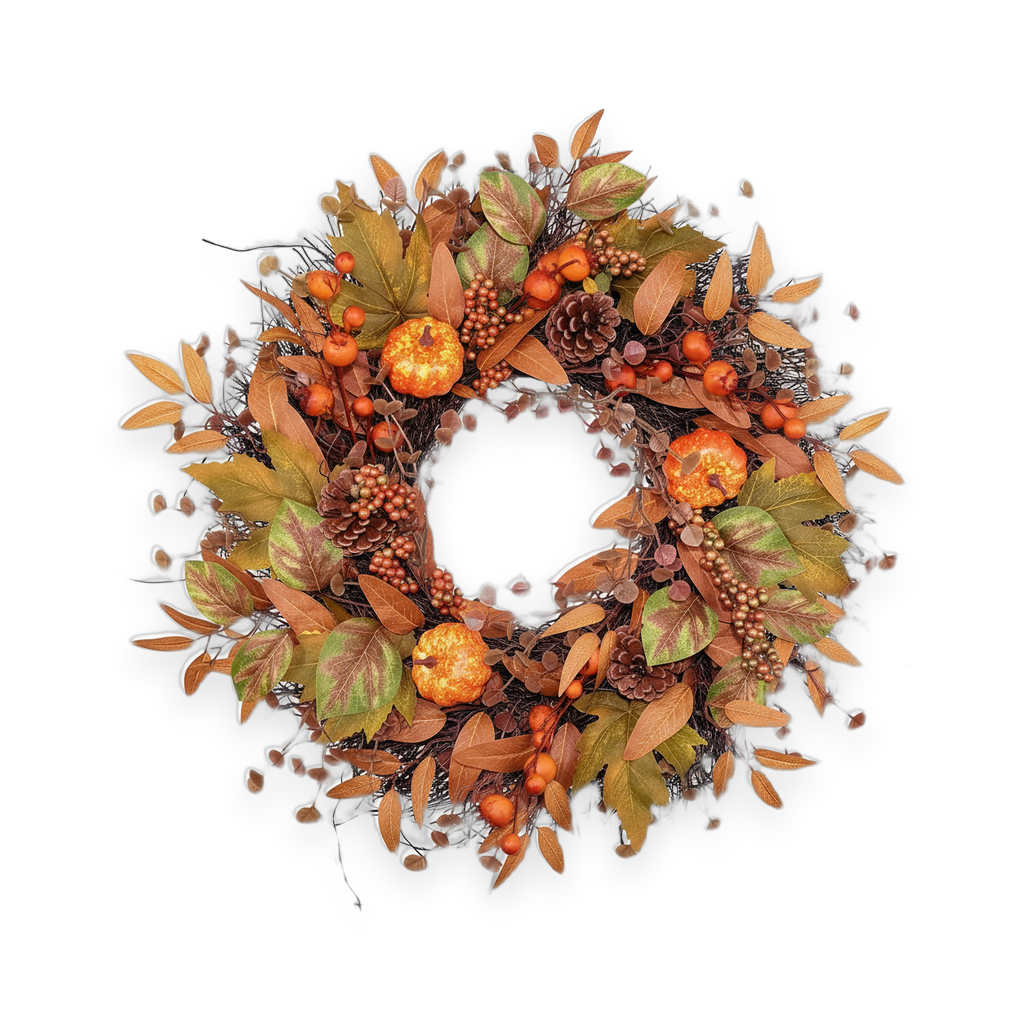 Fall wreath with pumpkins and pinecones on a white background