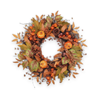 Fall wreath with pumpkins and pinecones on a white background