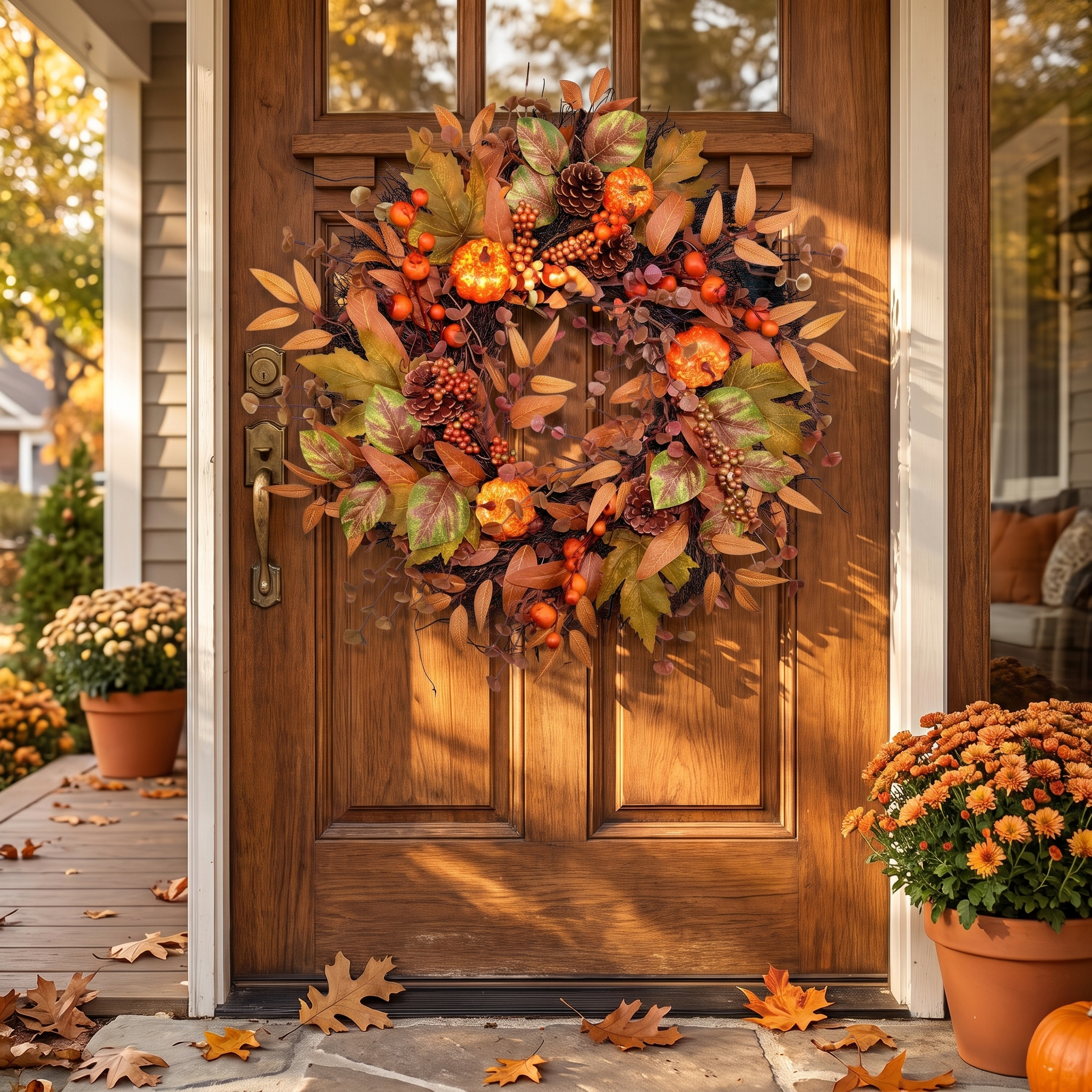Pumpkin and pinecone fall wreath hung on a front door